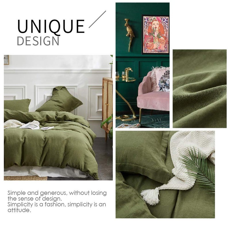 Simple&Opulence 100% Linen Duvet Cover Set 3pcs Basic Style Natural French Washed Flax Solid Color Soft Breathable Farmhouse Bedding with Button Closure - Olive Green, Full - Image 5
